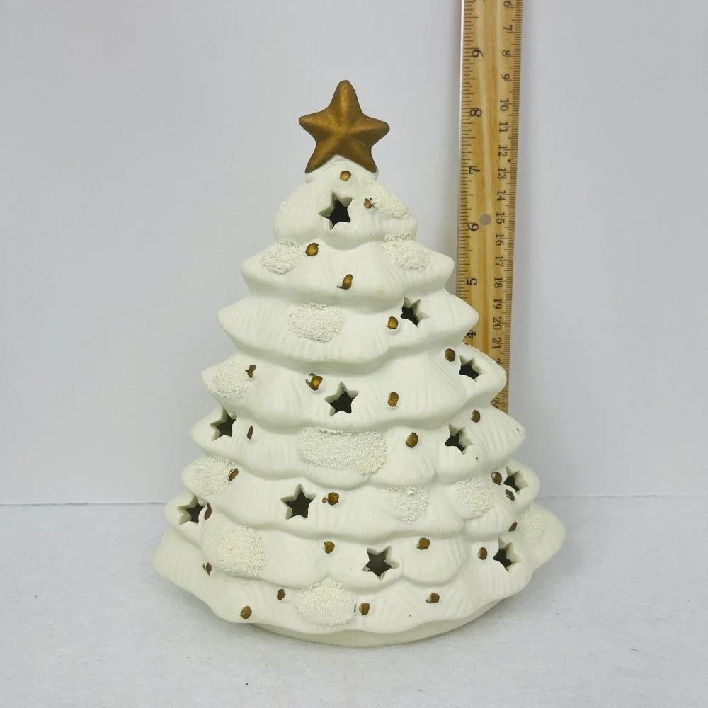 White Ceramic Christmas Tree Tea Light Holder Gold Star Cutouts Holiday Decor 8